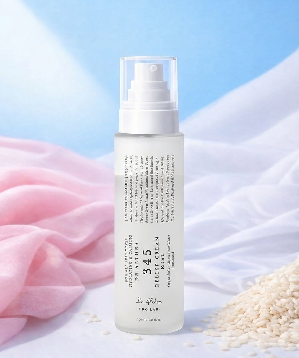 Skincare bottle with text on a light blue and white background