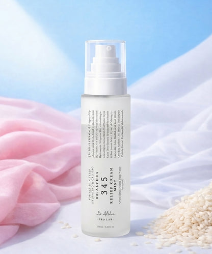 Skincare bottle with text on a light blue and white background