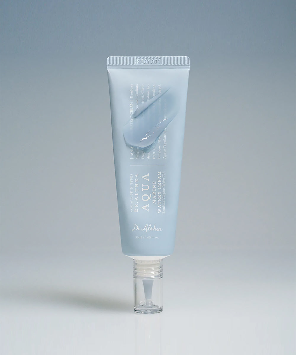 Skincare tube labeled 'Aqua' on a gray background