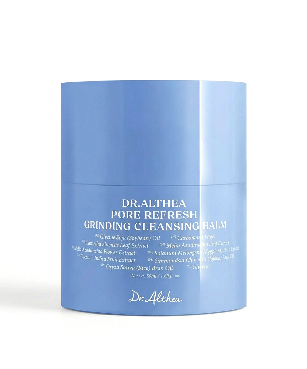 Blue container of Dr. Althea Pore Refresh Grinding Cleansing Balm on a white background