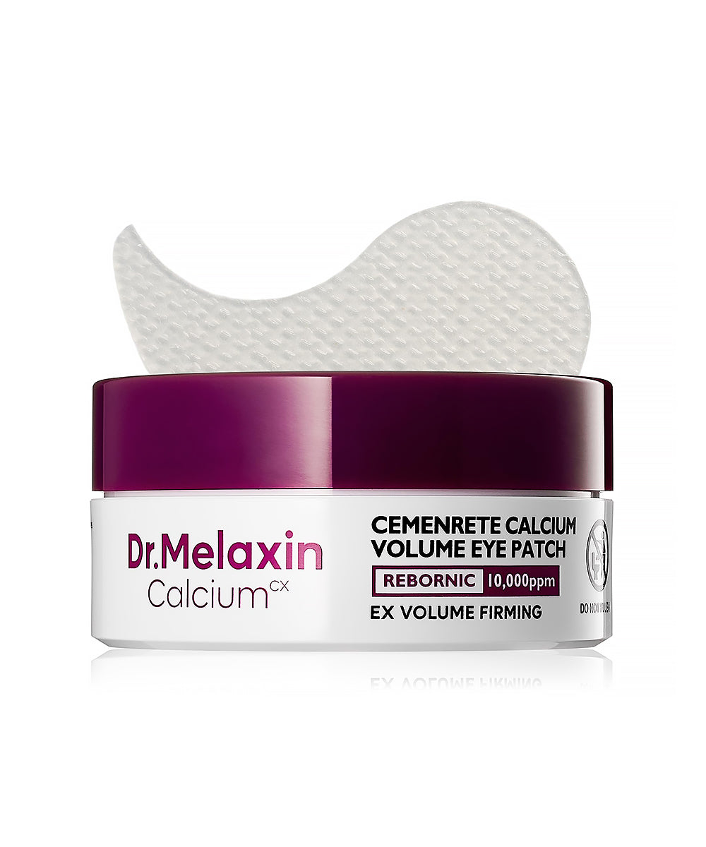 A professional studio shot of the Dr. Melaxin Cemenrete Calcium Volume Eye Patch jar with a silver lid and its matching white and blue packaging box on a clean white background