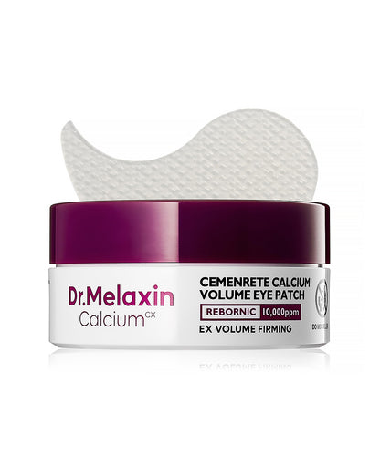 A professional studio shot of the Dr. Melaxin Cemenrete Calcium Volume Eye Patch jar with a silver lid and its matching white and blue packaging box on a clean white background