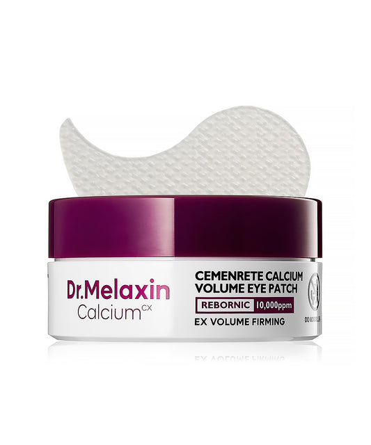 A professional studio shot of the Dr. Melaxin Cemenrete Calcium Volume Eye Patch jar with a silver lid and its matching white and blue packaging box on a clean white background