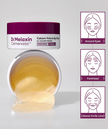 A top-down view of the open Dr. Melaxin Eye Patch jar, revealing the stacked white hydrogel patches and the included clear plastic applicator spatula