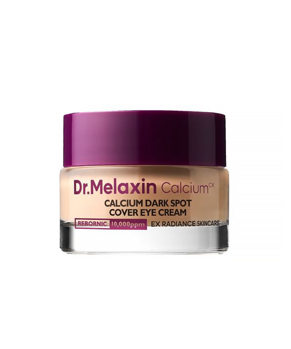 Dr. Melaxin Calcium eye cream jar with purple lid on a white background