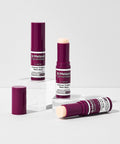 A product group display featuring three Dr. Melaxin Cemenrete Multi Balms arranged on clear acrylic blocks, illustrating the portable design of the wrinkle core stick