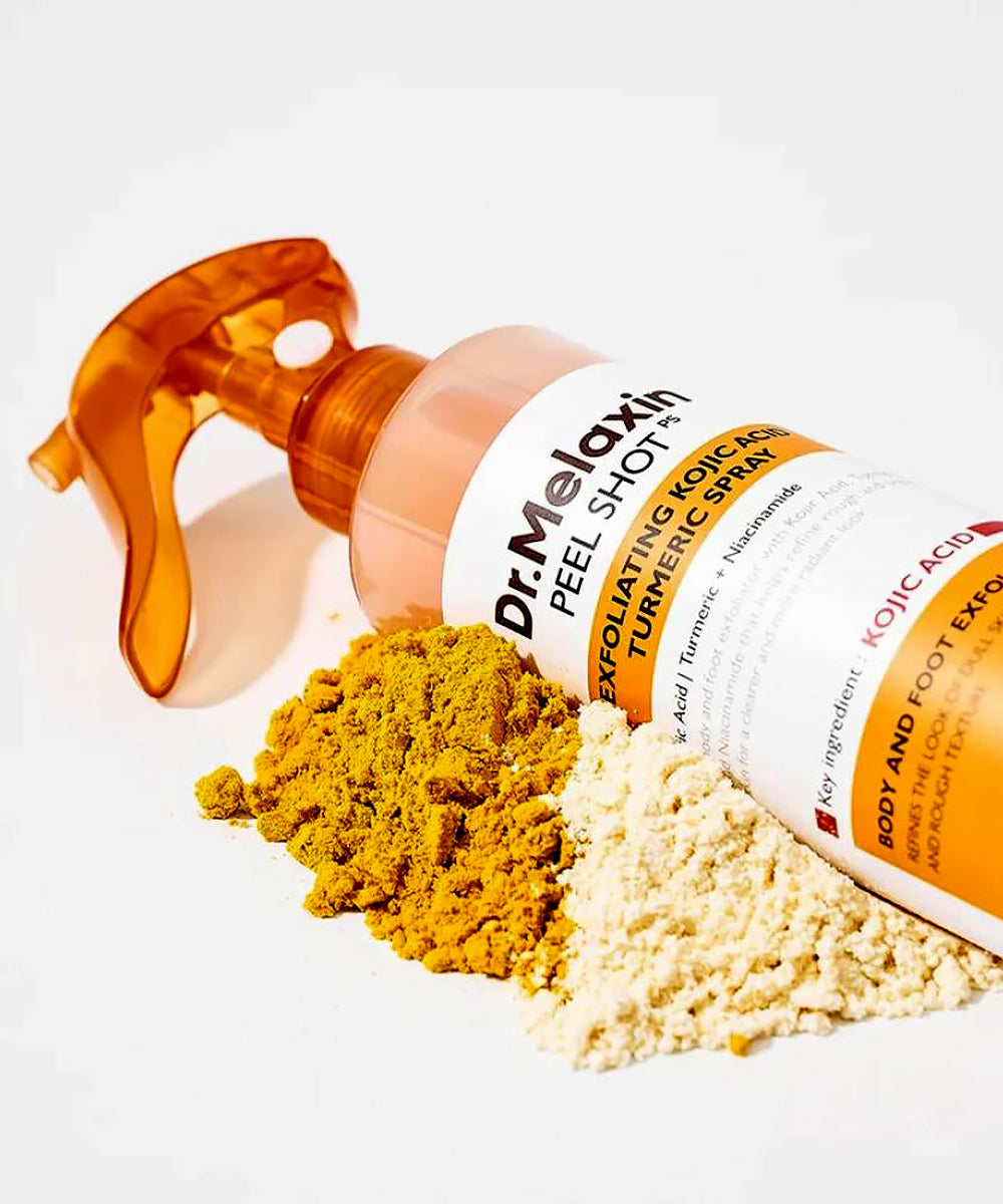 Dr. Melaxin peel-off mask with turmeric powder on a white background