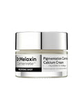 A professional studio shot of the Dr. Melaxin Cemenrete CX Pigmentation Corrector Calcium Cream jar, featuring a reflective silver lid and a clean white label