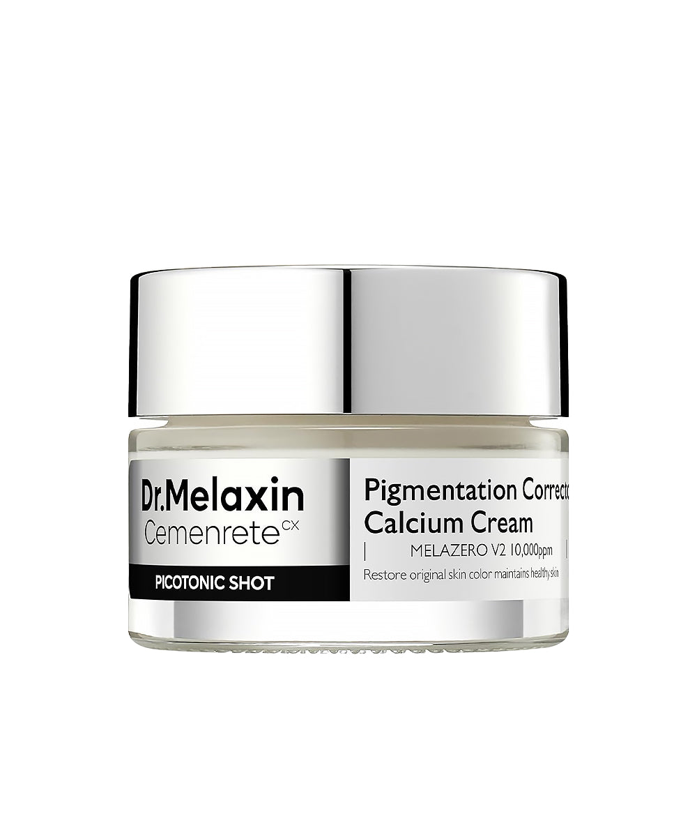 A professional studio shot of the Dr. Melaxin Cemenrete CX Pigmentation Corrector Calcium Cream jar, featuring a reflective silver lid and a clean white label