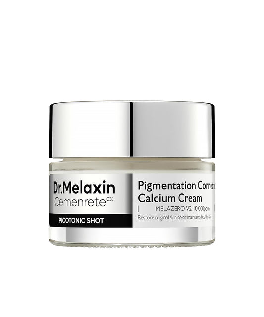 A professional studio shot of the Dr. Melaxin Cemenrete CX Pigmentation Corrector Calcium Cream jar, featuring a reflective silver lid and a clean white label
