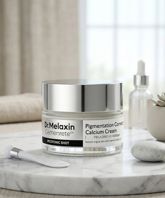 Lifestyle image of the Dr. Melaxin Calcium Cream on a white marble surface, accompanied by a white applicator tool and a blurred skincare bottle in the background