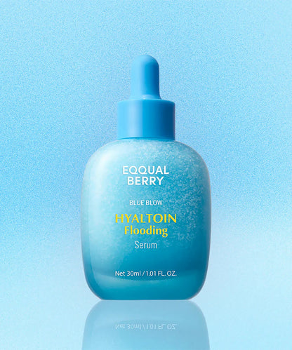 Blue bottle of Equal Berry serum on a light blue background
