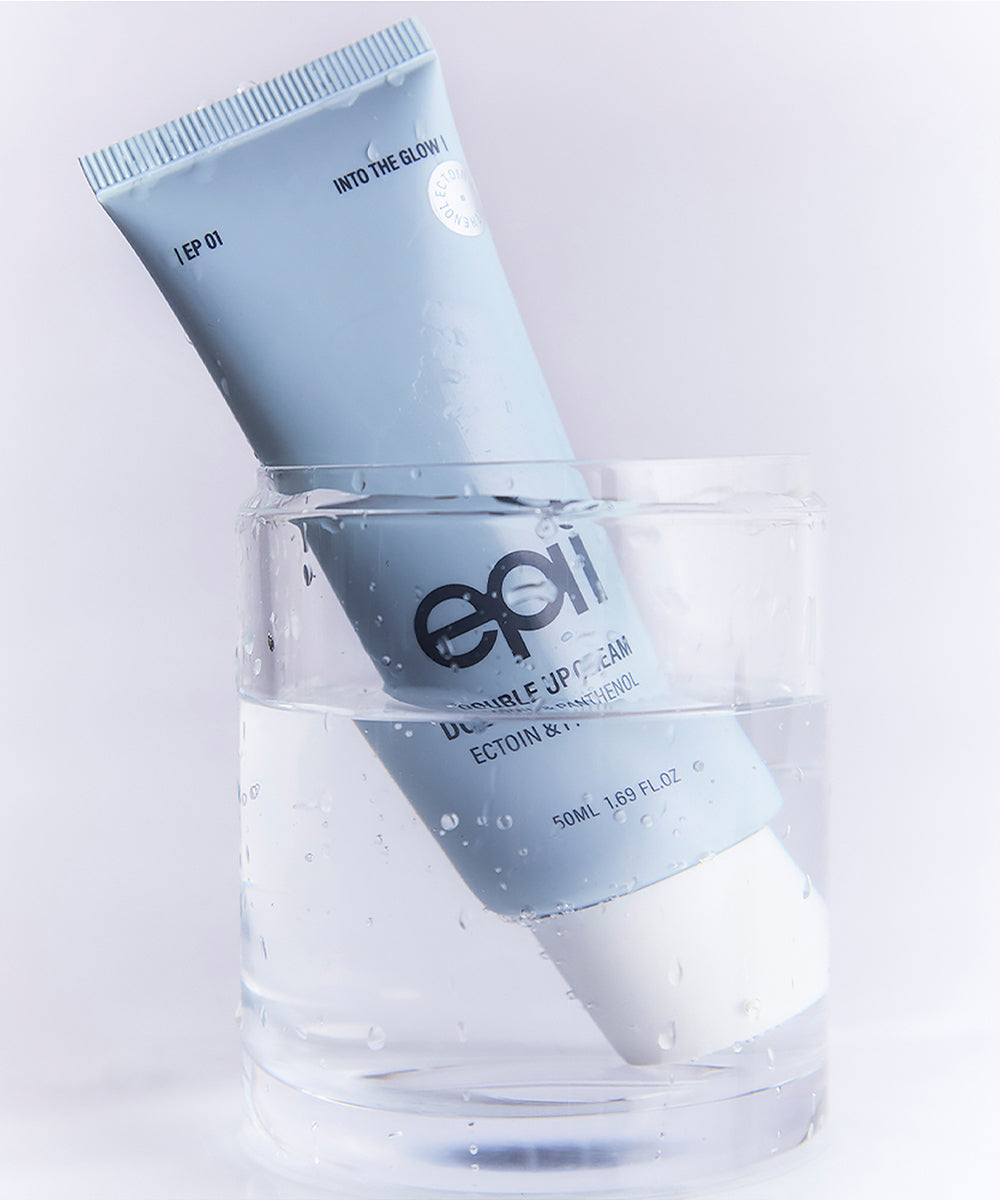 Epii Double Up Cream showing the sky-blue Ectoin and white Panthenol dual-chamber formula for calming and barrier support