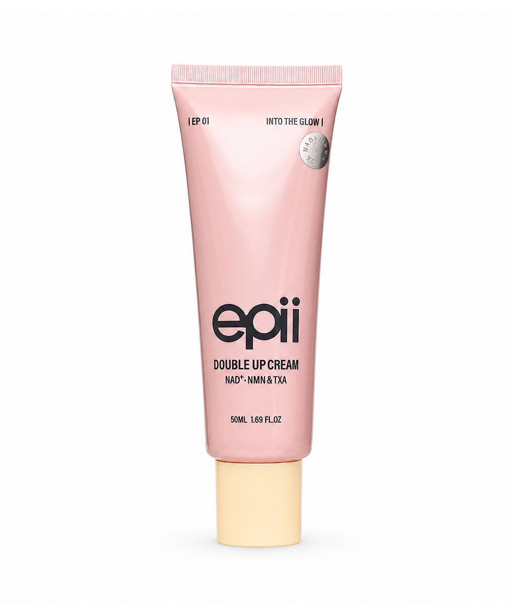 Epii Double Up Cream with NAD+, NMN and TXA in a pink and white dual-formula tube