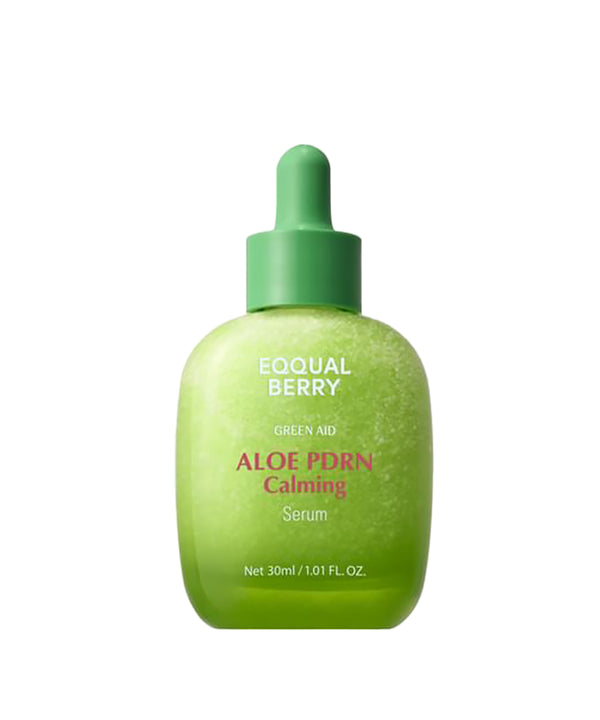 Green aloe vera serum bottle with dropper labeled 'Equal Berry' on a white background