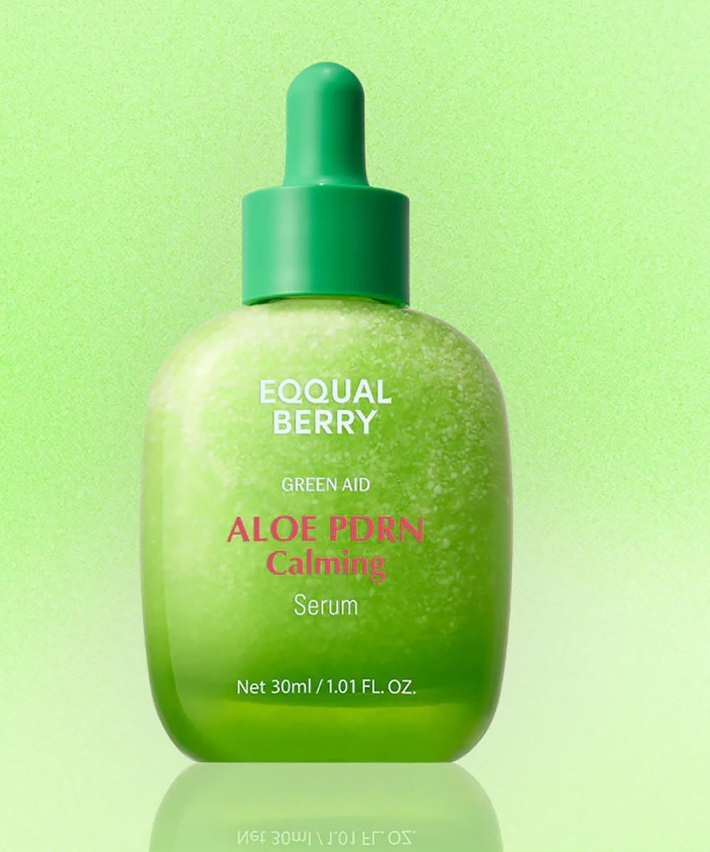 Green bottle of Aloe Porn Calming Serum with dropper on a green background