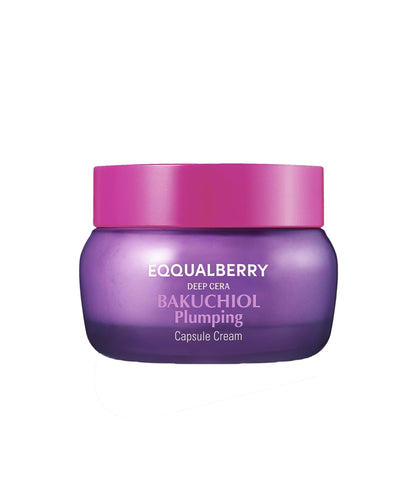 Purple jar of Equalberry Bakuchiol Plumping Capsule Cream with pink lid on a white background