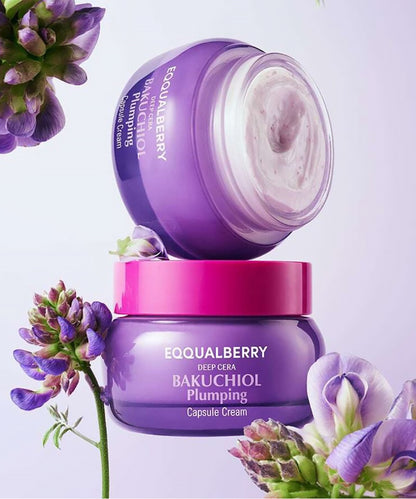 Two purple skincare containers with floral elements on a light purple background