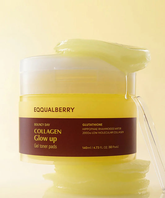 Jar of Equalberry Collagen Glow Up gel toner pads on a light yellow background