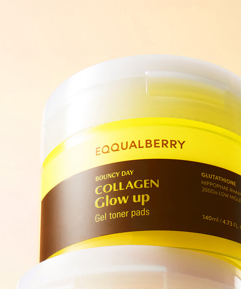 Eoqualberry collagen glow up gel toner pads container on a beige background