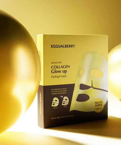 Box of Eqqualberry Collagen Glow up hydrogel mask on a yellow background