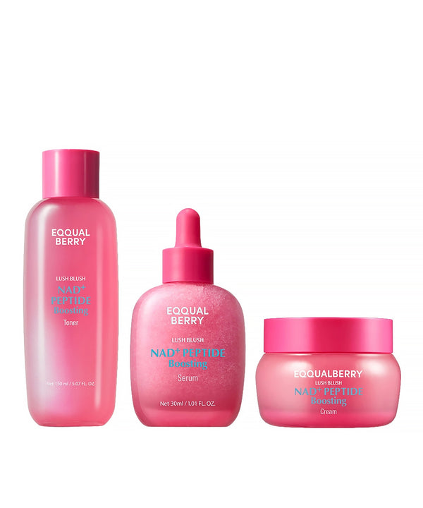 Set of three pink skincare products from Eqqual Berry on a white background