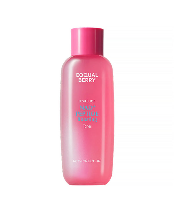 Pink bottle of Eqqual Berry toner on a white background