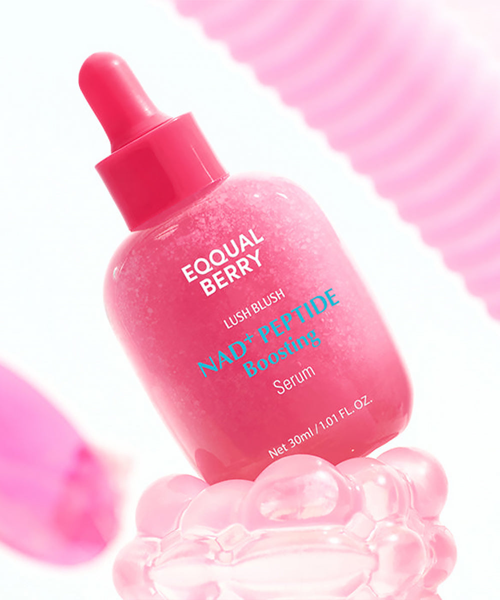Pink serum bottle with dropper labeled 'Eqqual Berry' on a white background