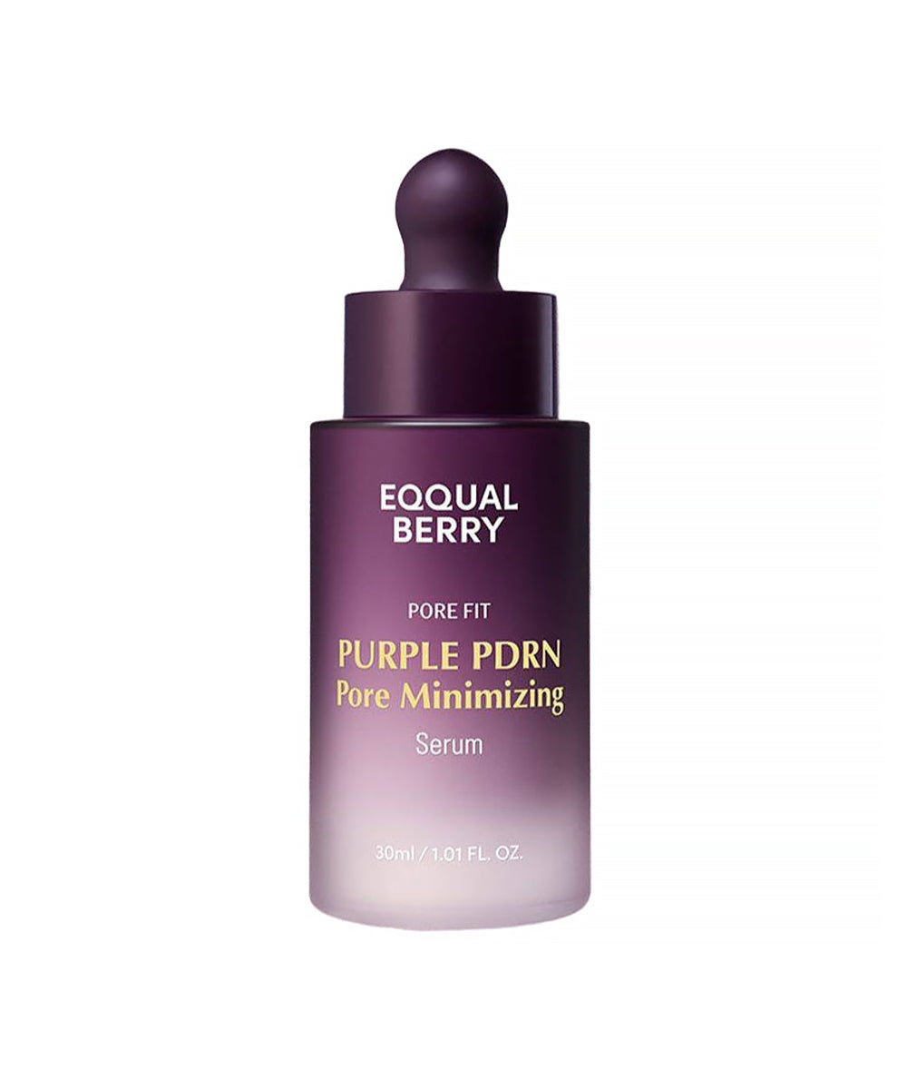 EQQUALBERRY Purple PDRN Pore Minimizing Serum (30ml) – Front view of the gradient purple frosted glass bottle with a dark purple dropper cap