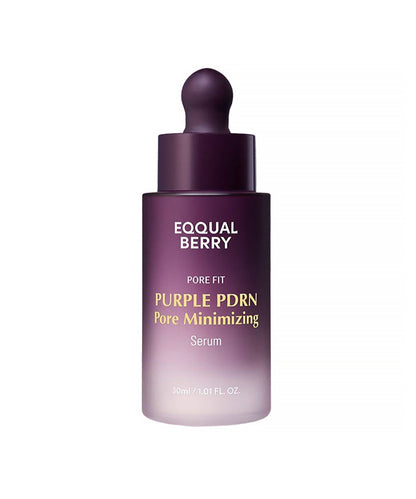 EQQUALBERRY Purple PDRN Pore Minimizing Serum (30ml) – Front view of the gradient purple frosted glass bottle with a dark purple dropper cap