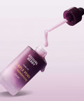 Close-up of the EQQUALBERRY Purple PDRN Serum showing its milky, light-pink texture dripping from a glass dropper against a soft purple background