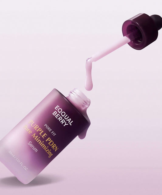 Close-up of the EQQUALBERRY Purple PDRN Serum showing its milky, light-pink texture dripping from a glass dropper against a soft purple background