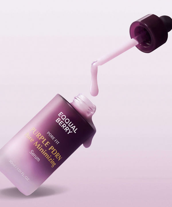 Close-up of the EQQUALBERRY Purple PDRN Serum showing its milky, light-pink texture dripping from a glass dropper against a soft purple background