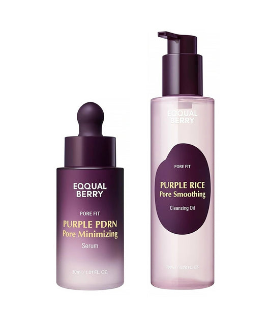 A duo of EQQUALBERRY Pore Fit products: the Purple PDRN Pore Minimizing Serum (30ml) in a purple gradient dropper bottle and the Purple Rice Pore Smoothing Cleansing Oil (200ml) in a tall pump bottle