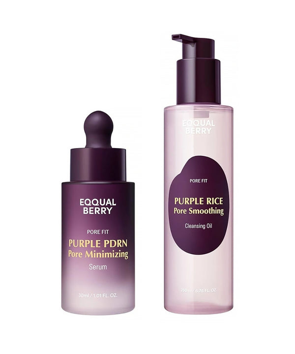 A duo of EQQUALBERRY Pore Fit products: the Purple PDRN Pore Minimizing Serum (30ml) in a purple gradient dropper bottle and the Purple Rice Pore Smoothing Cleansing Oil (200ml) in a tall pump bottle