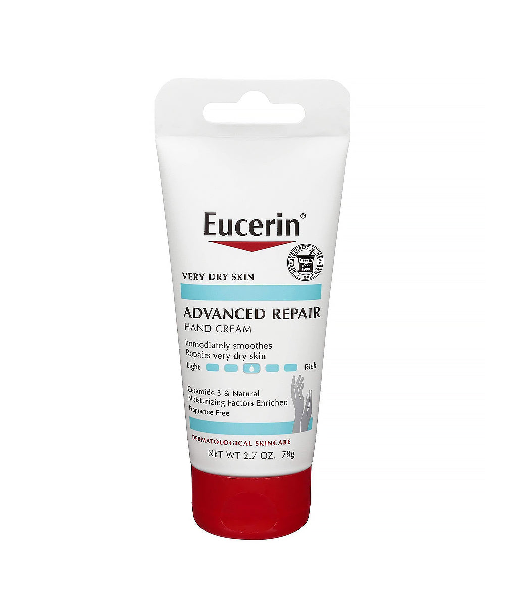 Eucerin Advanced Repair hand cream tube on a white background