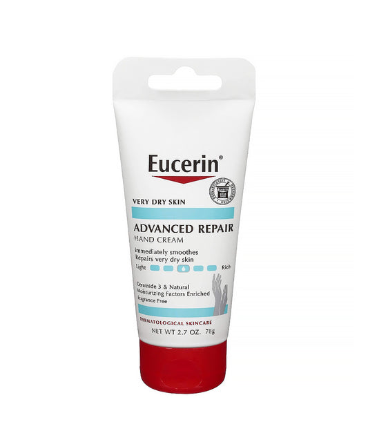 Eucerin Advanced Repair hand cream tube on a white background
