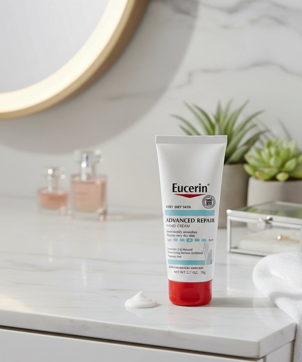 Eucerin Advanced Repair Hand Cream on a bathroom counter with a mirror and plants in the background