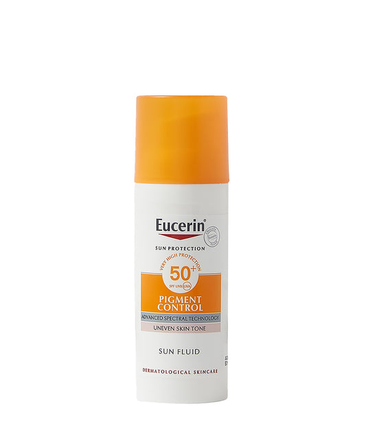 Eucerin sun protection cream bottle with orange cap on a white background