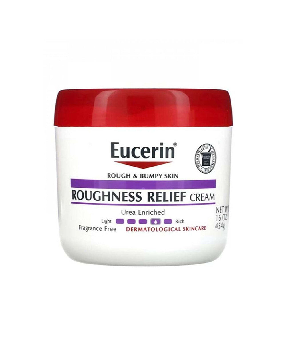 Eucerin Roughness Relief Cream jar with red lid on a white background