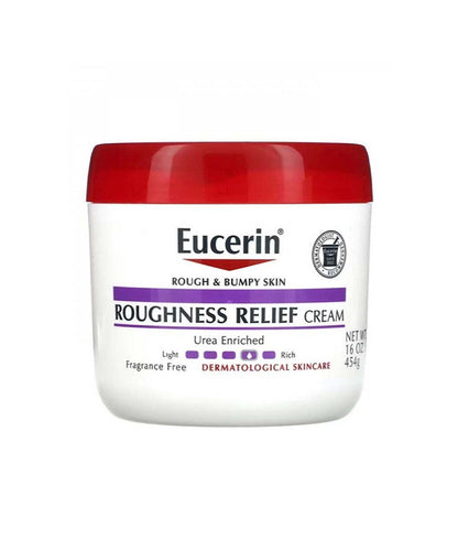 Eucerin Roughness Relief Cream jar with red lid on a white background