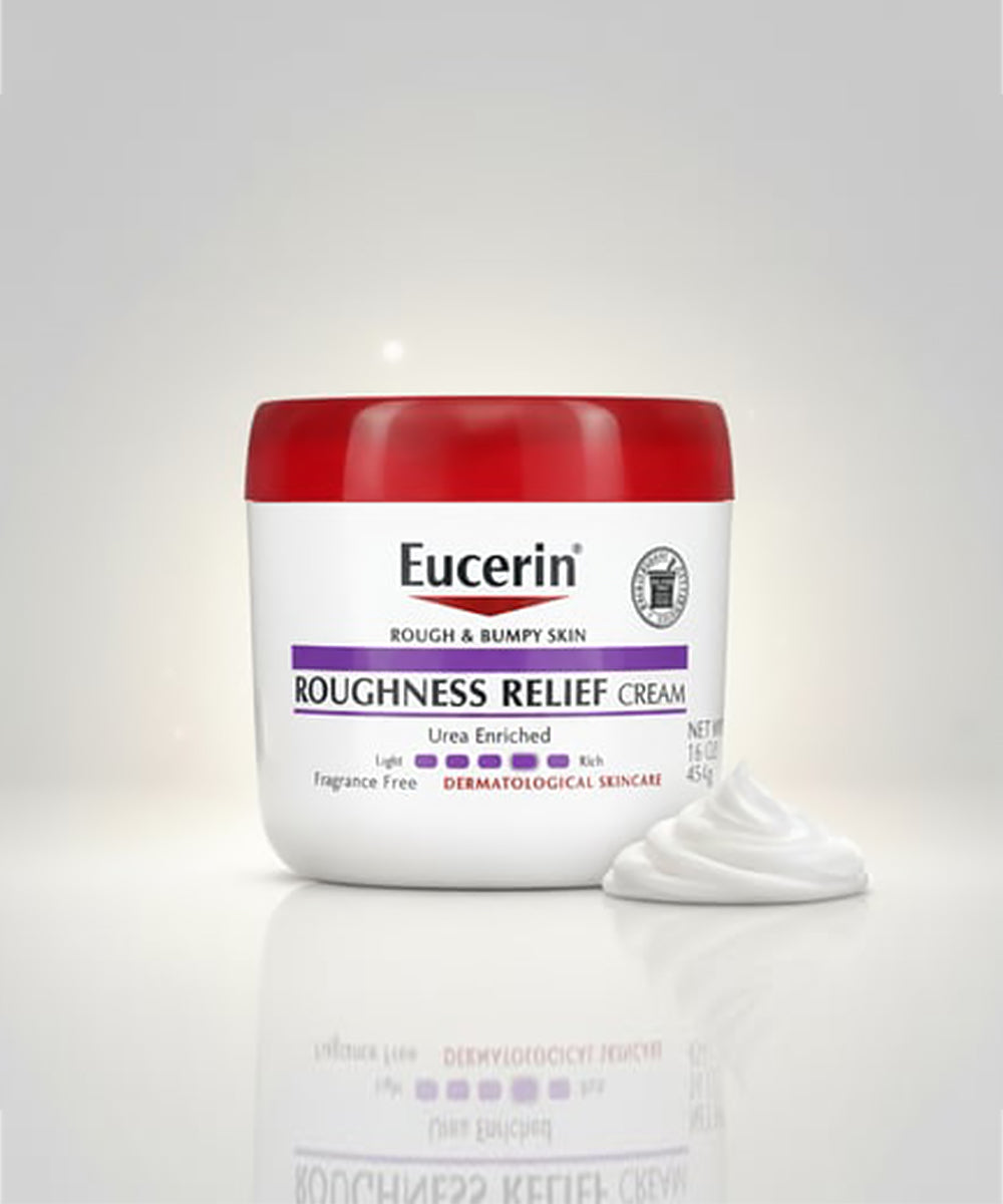 Eucerin Roughness Relief Cream jar with red lid on a white background