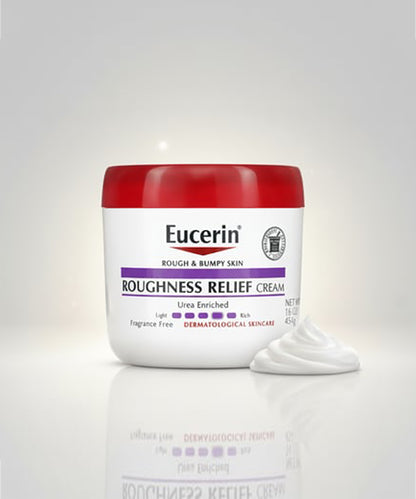 Eucerin Roughness Relief Cream jar with red lid on a white background