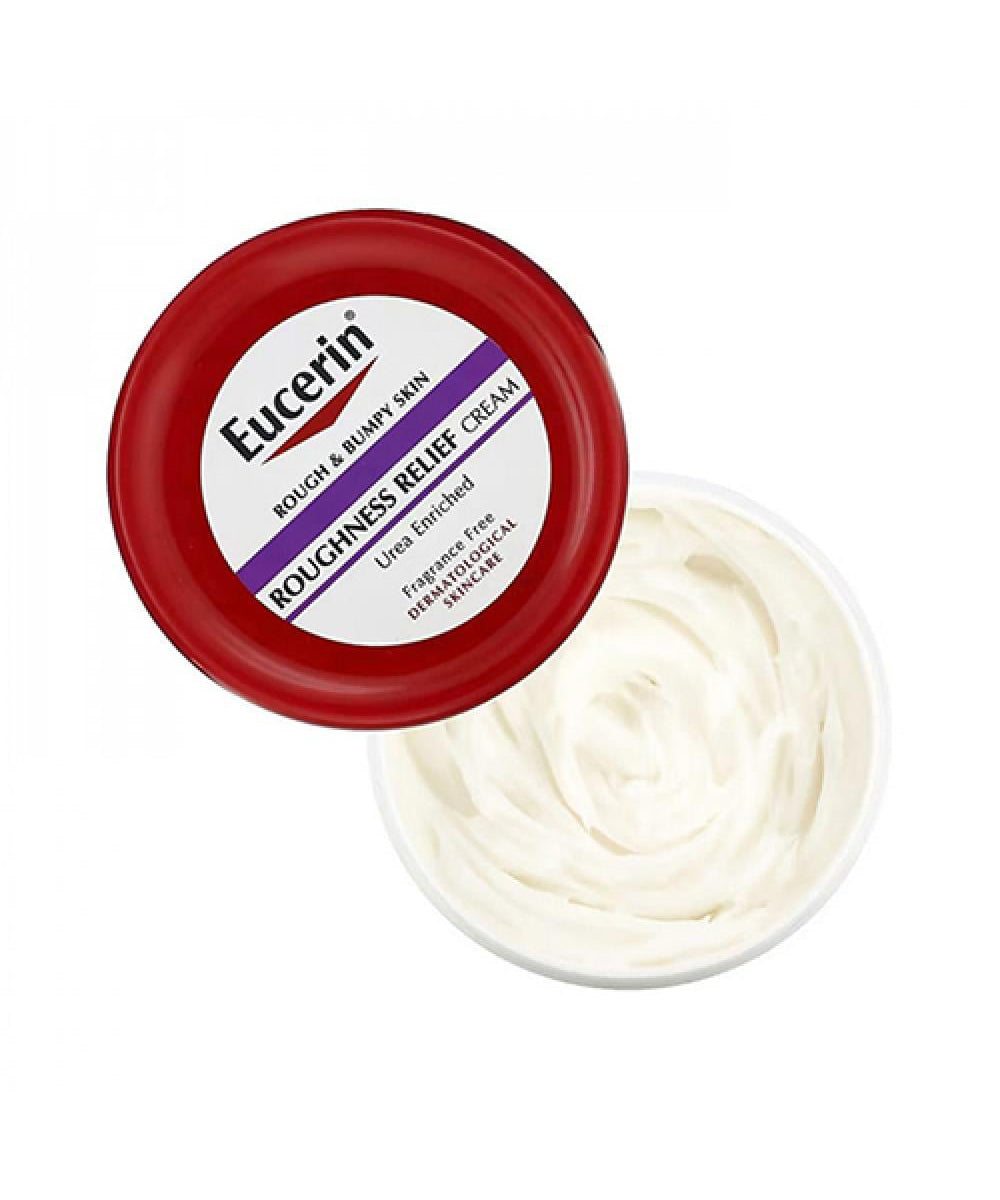Eucerin Roughness Relief Cream with red lid on a white background