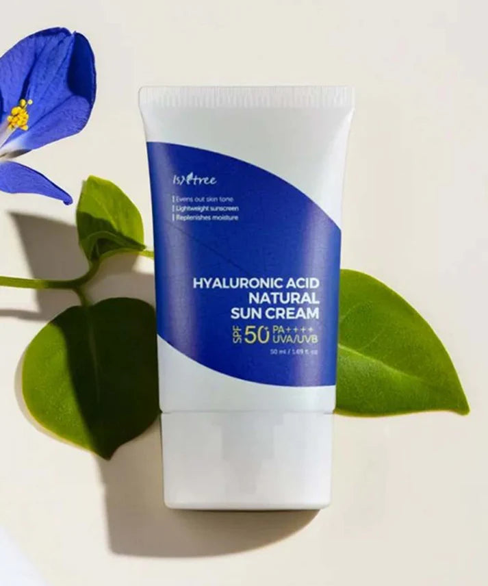 Tube of hyaluronic acid natural sun cream with blue label on a light background