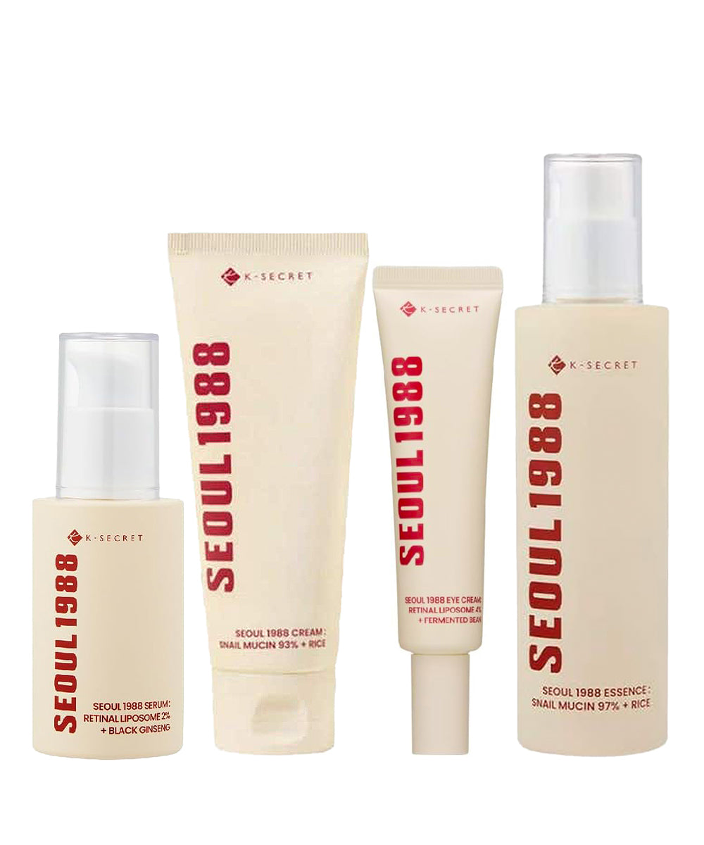 Set of skincare products with 'SEOUL 1988' branding on a white background