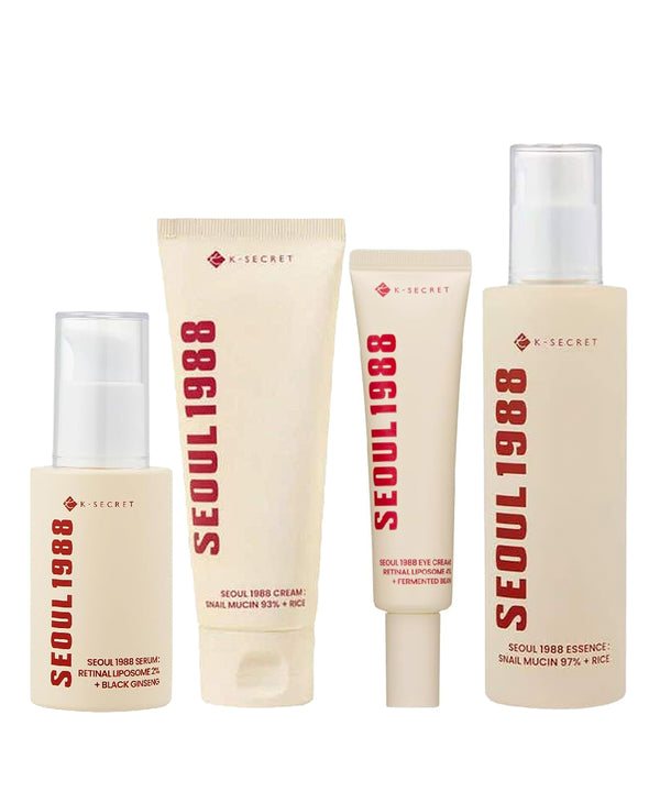 Set of skincare products with 'SEOUL 1988' branding on a white background