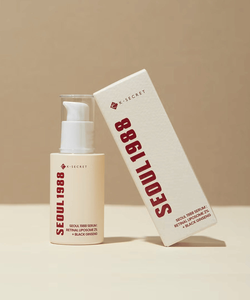 Skincare product and packaging with 'Seoul 1988' branding on a beige background