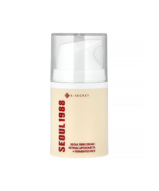 Clear, isolated photograph of the K-SECRET Seoul 1988 Cream 50ml airless pump bottle with its clear cap, against a plain white background, showing full product labeling