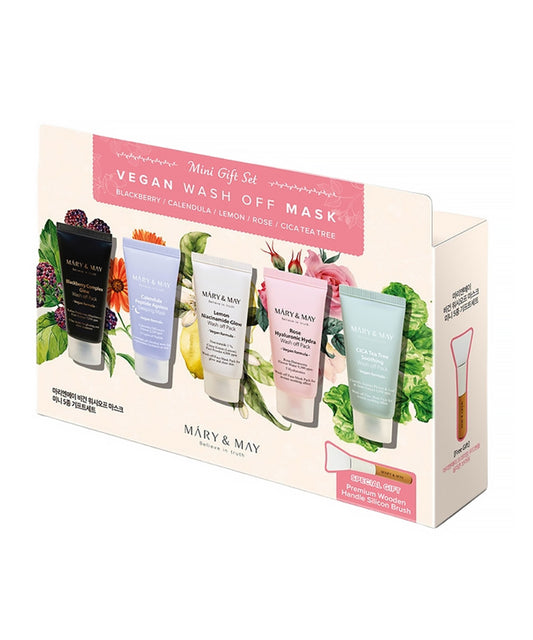 Packaging of the Mary & May Vegan Wash Off Mask Mini Gift Set featuring five 30g tubes (Blackberry, Calendula, Lemon, Rose, and Cica Tea Tree) and a bonus silicone application brush